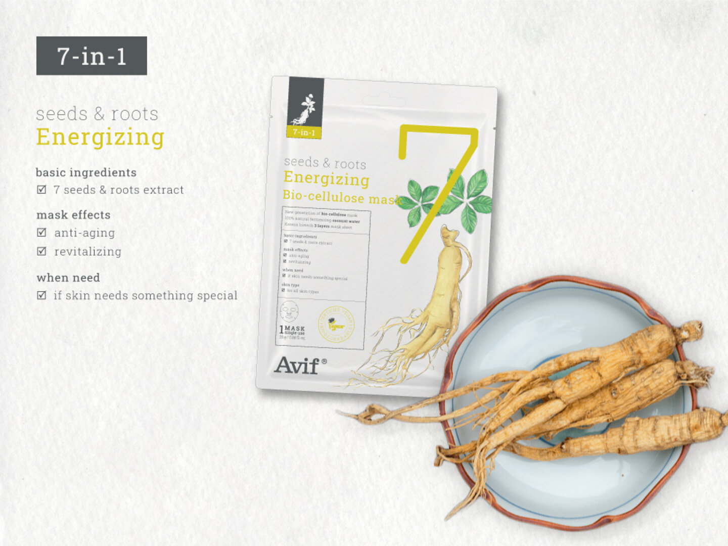 7-IN -1 SEEDS & ROOTS ENERGIZING BIO-CELLULOSE MASK